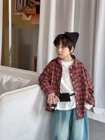 25F136 - Áo sơ mi AMBB vải dạ mềm kẻ nâu đỏ bé trai size 110-170