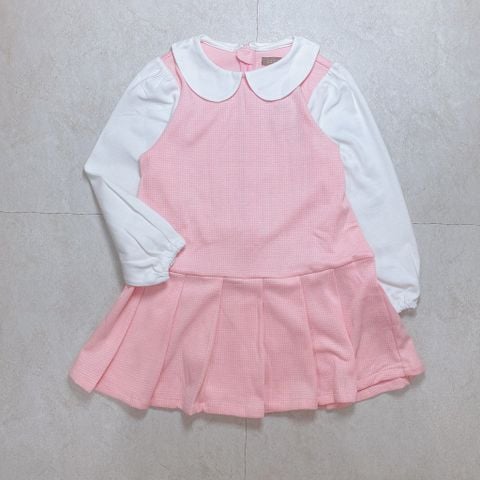 V00011 - Váy nỉ kẻ hồng phối cổ sen - tay trắng size 110 - 150