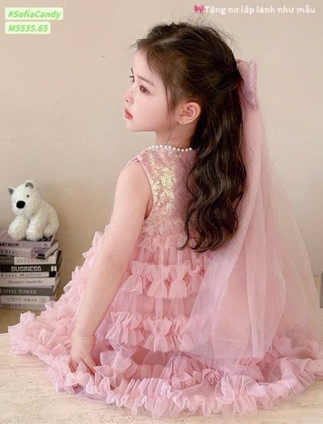 M5535 - Váy công chúa kim sa Mia Kids màu hồng tặng nơ cài tóc bé gái size 1-10y