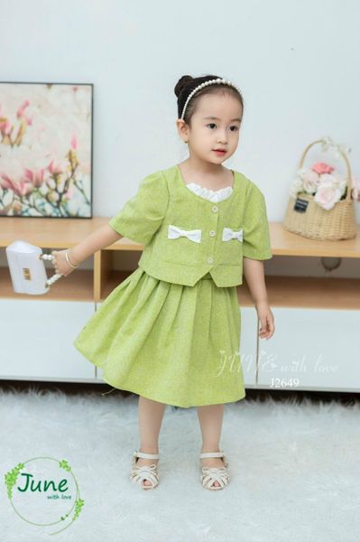 V00167 - Set áo váy dạ text June with love màu xanh 1-10y