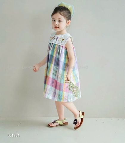 LC1894 - Váy Lennco kẻ caro sắc màu cổ yếm size 1-10y