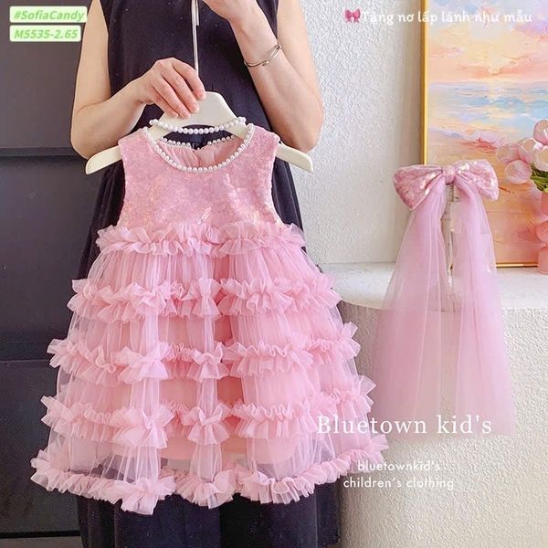 M5535 - Váy công chúa kim sa Mia Kids màu hồng tặng nơ cài tóc bé gái size 1-10y