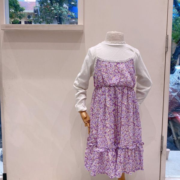V00082 - Váy voan 2 dây tím hoa vàng trắng liền áo thun tăm trắng size 100 - 150