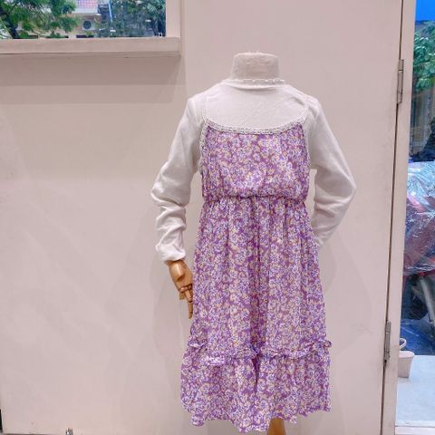 V00082 - Váy voan 2 dây tím hoa vàng trắng liền áo thun tăm trắng size 100 - 150