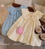 LC1814 - Váy bí Lennco cổ nơ bèo to 2 màu xanh/kem cho bé size 1-10y