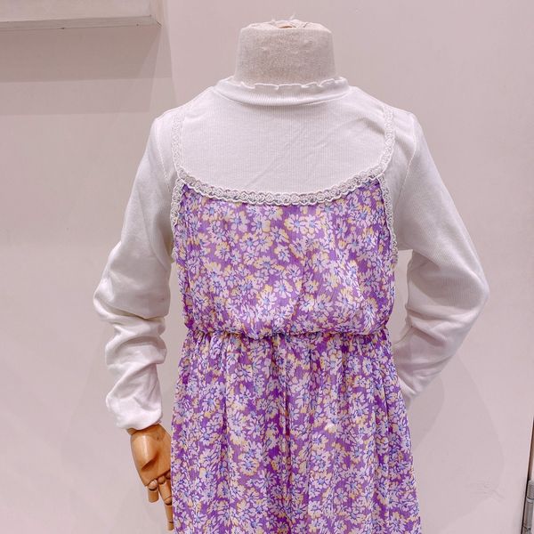 V00082 - Váy voan 2 dây tím hoa vàng trắng liền áo thun tăm trắng size 100 - 150