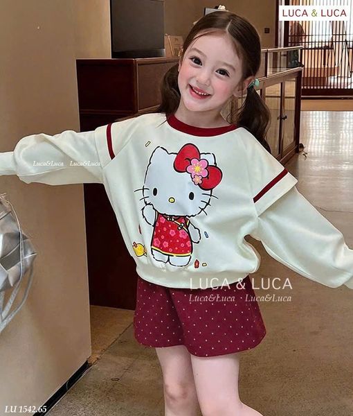 LU 1542 - Set LUCA áo nỉ màu kem kitty - chân váy đỏ chấm bi size 2 - 12y