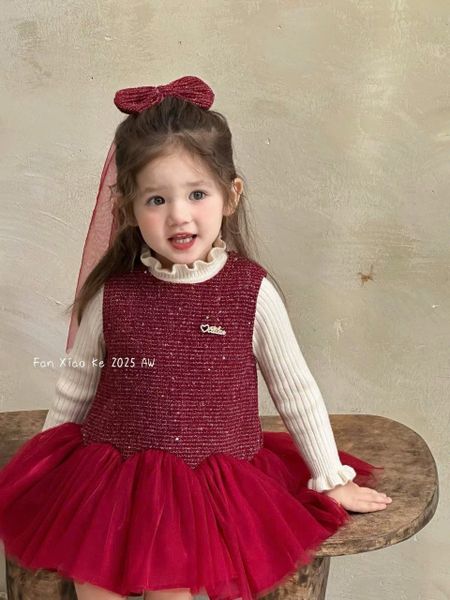 F25197 - Set 3ct QC Fanxiaoke áo len tăm + váy kèm kẹp nơ bé gái xanh/đỏ size 80-120