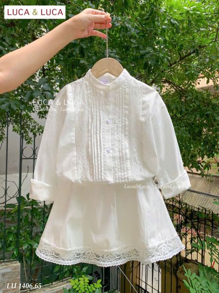 Lu 1406 - Bộ Luca áo + chân váy trắng phối ren bé gái size 2-12y