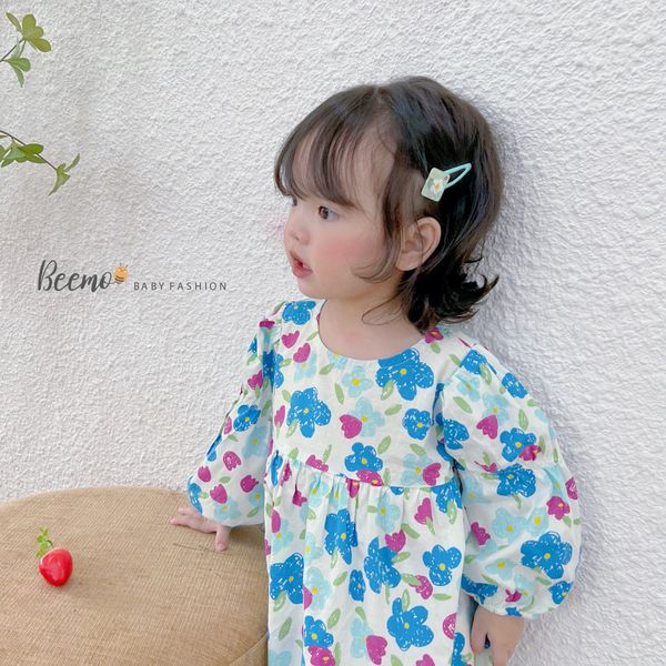 V00126 - Váy hoa nhí tay nhún Beemo 2 màu xanh/đỏ BG