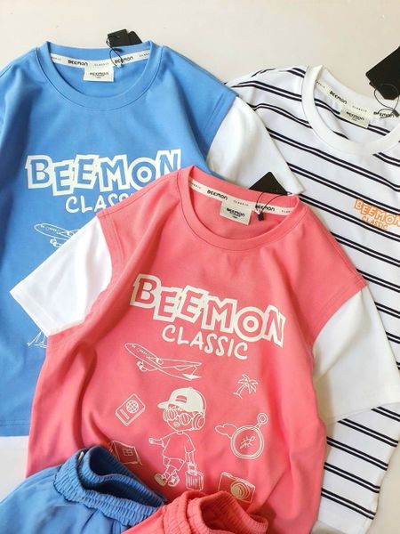 BM2604ST01 - Bộ quần áo cotton Beemon cổ tròn phối tay phối gấu size 120-170