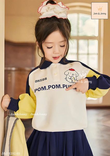JJ 1292 - Bộ Jam & Jenny áo polo phối tay in chữ Pompompurin + chân váy size 2-12y