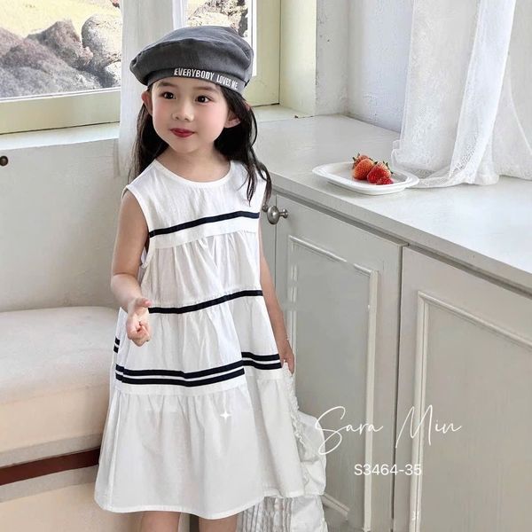 S3464 - Váy Sara Min thô kẻ sọc ngang 2 màu trắng/navy bé gái size 2-12y
