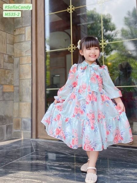 V00079 - Váy voan tơ dài tay buộc nơ cổ 10 màu hoa