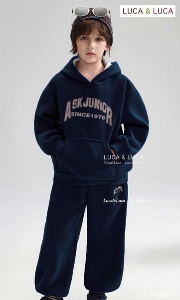Lu 1701 - Bộ nỉ Luca hoodie nỉ hai da màu navy ASK Junior bé trai size 2-12y