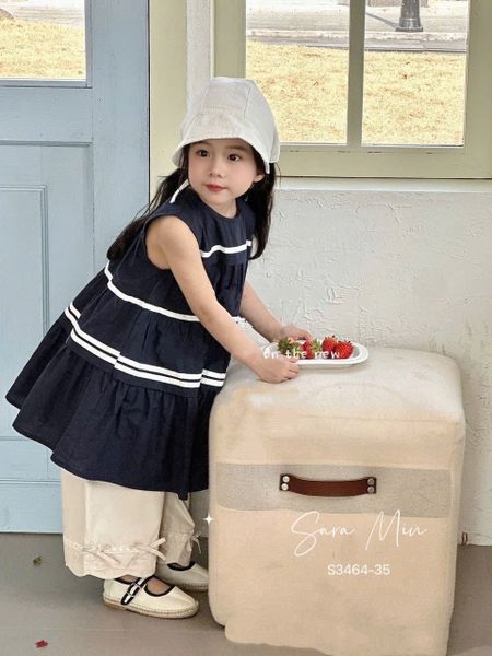 S3464 - Váy Sara Min thô kẻ sọc ngang 2 màu trắng/navy bé gái size 2-12y