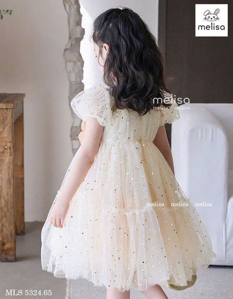 MLS 5324 - Váy công chúa Melisa màu be sao đính nơ bé gái size 2-12y