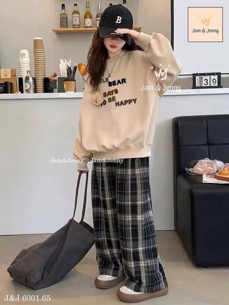 JJ 6001 - Bộ nỉ Jam & Jenny màu nâu vintage + quần caro bé gái size 2-12y
