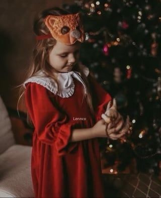 V00119 - Váy nhung đỏ phối cổ sen bèo trắng size 12m - 10y