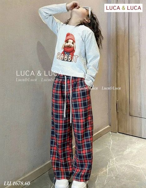 Lu 1678 - Bộ Luca bé gái áo ghi in thỏ + quần kẻ size 6-12y