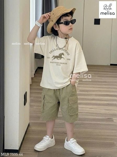 MLSBCC.7535 - Bộ Melisa áo kem in ngựa + quần rêu size 2-12y