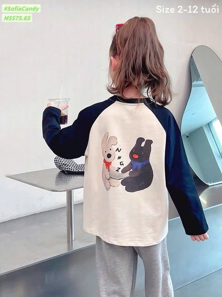 M5575 - Bộ Mia Kids áo dài tay cotton in hình cún + quần nỉ ghi size 2-12y
