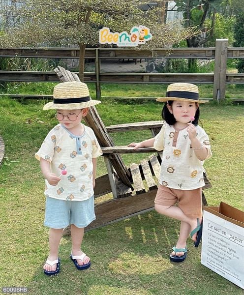 6009BHB - Bộ mặc nhà muslin Beemo áo họa tiết quần trơn size 1-5y