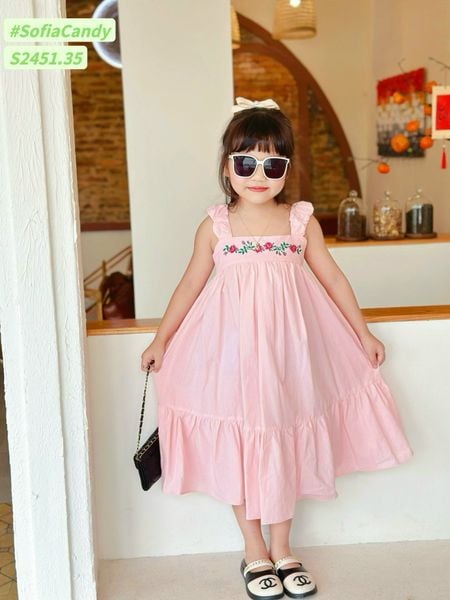 V00022 - Váy thô Sofia Candy hai dây thêu hoa ngực nhiều màu size 1-10y