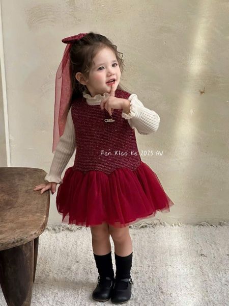 F25197 - Set 3ct QC Fanxiaoke áo len tăm + váy kèm kẹp nơ bé gái xanh/đỏ size 80-120