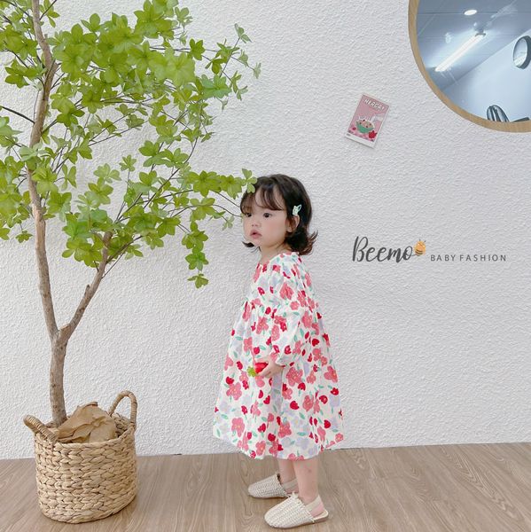 V00126 - Váy hoa nhí tay nhún Beemo 2 màu xanh/đỏ BG