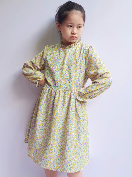 V00152 - Váy hoa nhí vàng hồng cổ bèo nhún eo