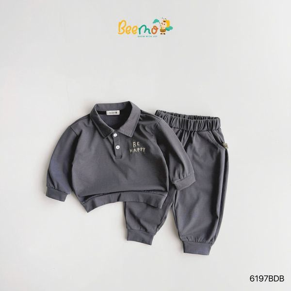 6197BDB - Bộ polo Beemo vải thun Be Happy trơn 3 màu bé trai size 1-7y