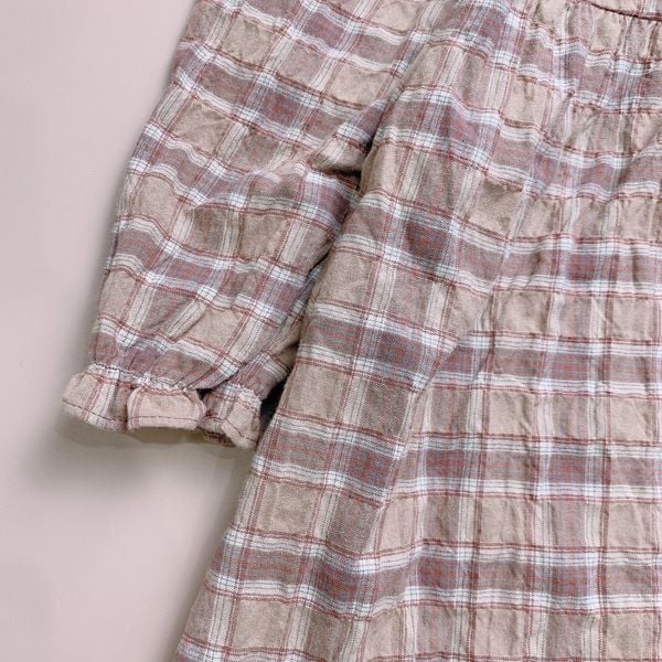 V00092 - Váy thô kẻ caro nâu phối cổ bèo ren trắng