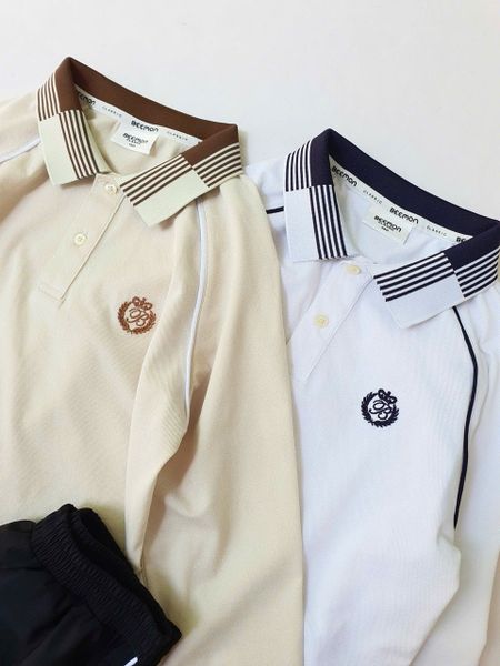 BM2508ST01 - Bộ Polo cổ kẻ Beemon dài tay 2 màu be nâu / trắng đen cho bé size 120 - 160