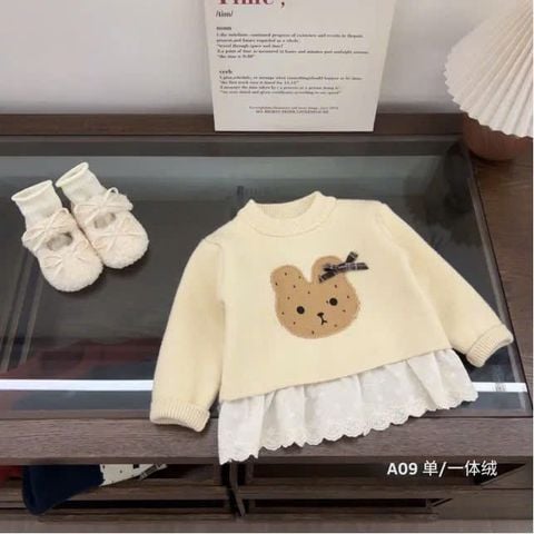A09 - Áo len lót lông thỏ đính nơ 2 màu be/đỏ bé gái size 90-130