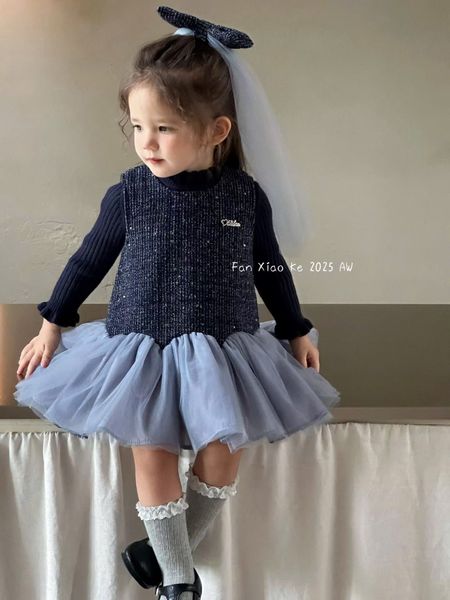 F25197 - Set 3ct QC Fanxiaoke áo len tăm + váy kèm kẹp nơ bé gái xanh/đỏ size 80-120