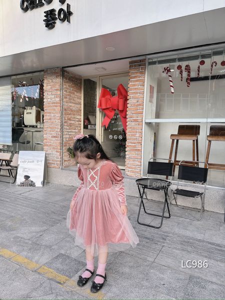 V00114 - Váy nhung phối chân voan 2 màu hồng / đỏ size 12m - 10y