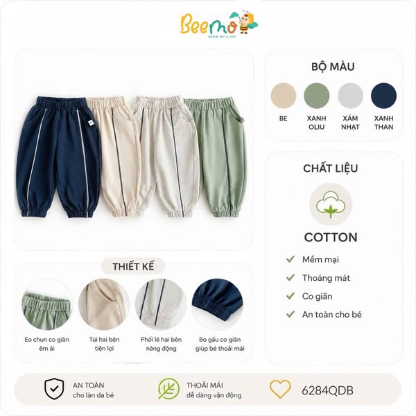 6284QDB - Quần thun Beemo bo gấu viền sọc thân 4 màu bé trai size 1-6y