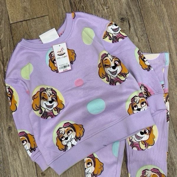 BBG15 - Bộ áo nỉ bông tím Paw Patrol chấm bi - quần thun tăm size 2 - 8y