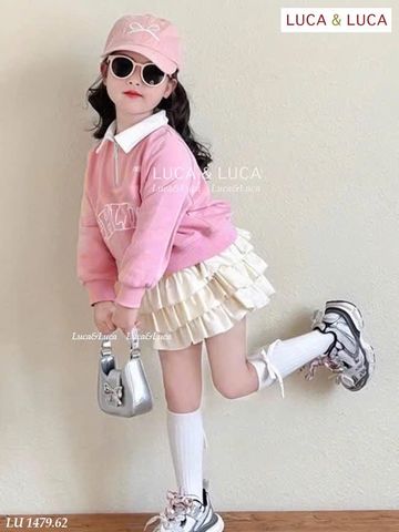LU 1479 - Bộ nỉ Luca áo hồng cổ trắng + chân váy 3 tầng bé gái size 2-12y