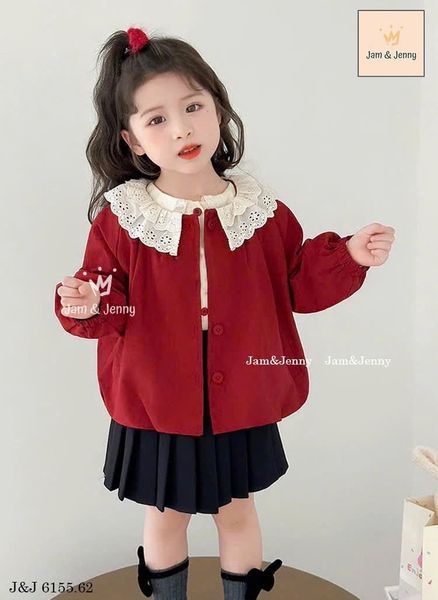 JJ 6155 - Bộ Jam & Jenny áo khoác gió đỏ cổ ren trắng + chân váy xếp ly đen size 2-12y