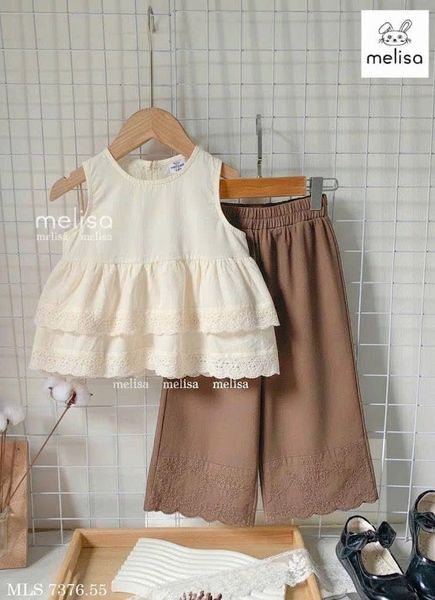 MLSBCC.7376 - Bộ Melisa áo ren kem + quần nâu ren size 2-12y