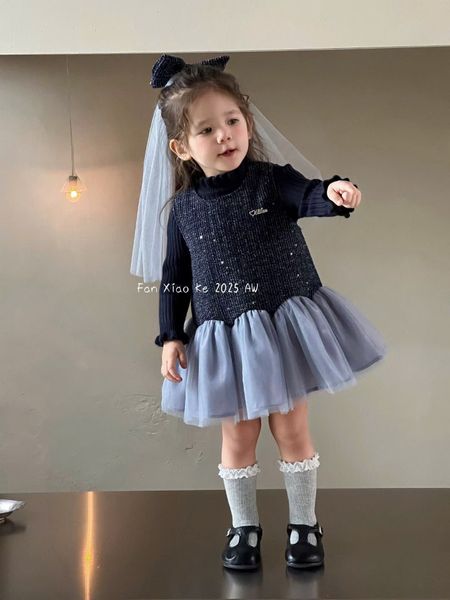 F25197 - Set 3ct QC Fanxiaoke áo len tăm + váy kèm kẹp nơ bé gái xanh/đỏ size 80-120