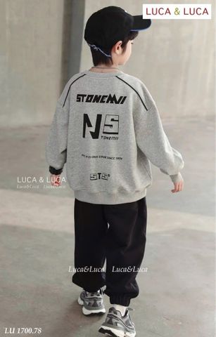 LU 1700 - Bộ nỉ Luca áo ghi in chữ 2 mặt + quần đen size 2-12y
