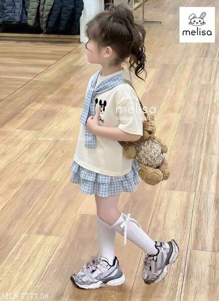 MLSBCC.7777 - Bộ Melisa áo kem in mickey + chân váy kẻ caro xanh size 2-12y