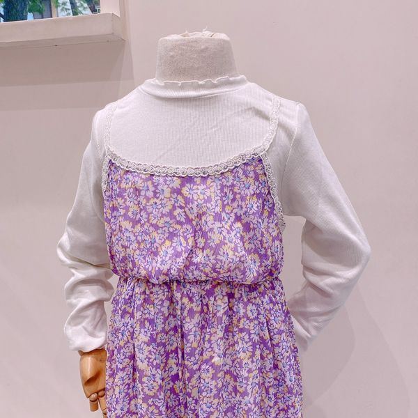 V00082 - Váy voan 2 dây tím hoa vàng trắng liền áo thun tăm trắng size 100 - 150