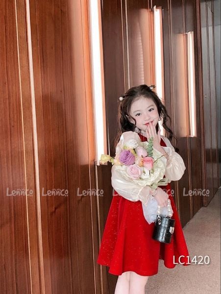 V00115 - Váy nhung đỏ nhũ tay phối voan tơ màu kem size 1-10y