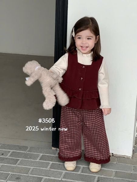 S3508 - Set 3ct gile dạ đỏ + áo len + quần dạ bé gái size 90-160