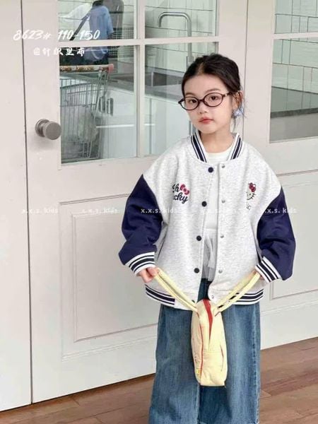 AK24 - Áo khoác bomber nỉ màu ghi Hello Kitty cho bé size 110-150