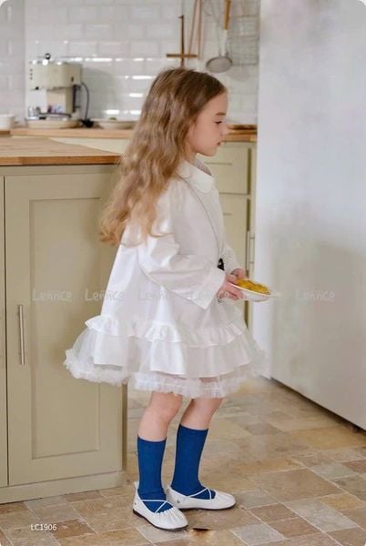 V00004 - Váy sơ mi thô phối chân voan 2 màu trắng / xanh size 12m - 10y